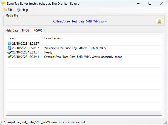 ZuneTag's Logging tab showing a timestamped list of diagnostic events