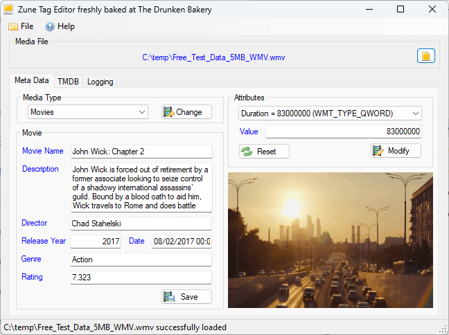 ZuneTag's Meta Data panel showing Movie metadata and cover art for a loaded file