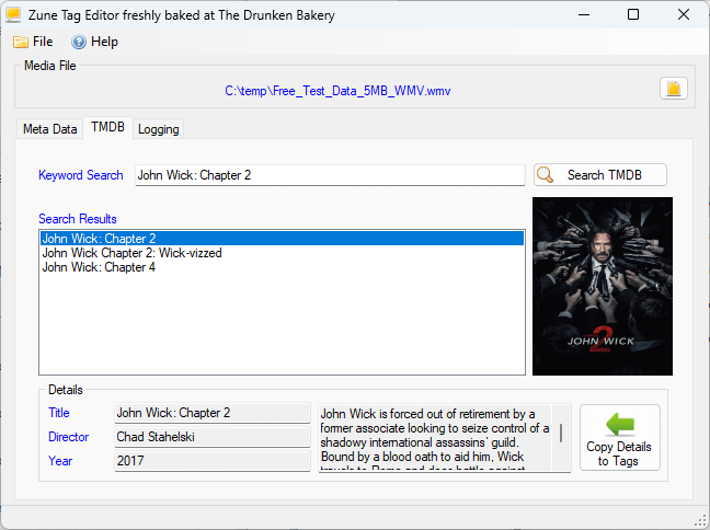 ZuneTag's TMDB tab showing search results and details for a movie, with a Copy Details to Tags button